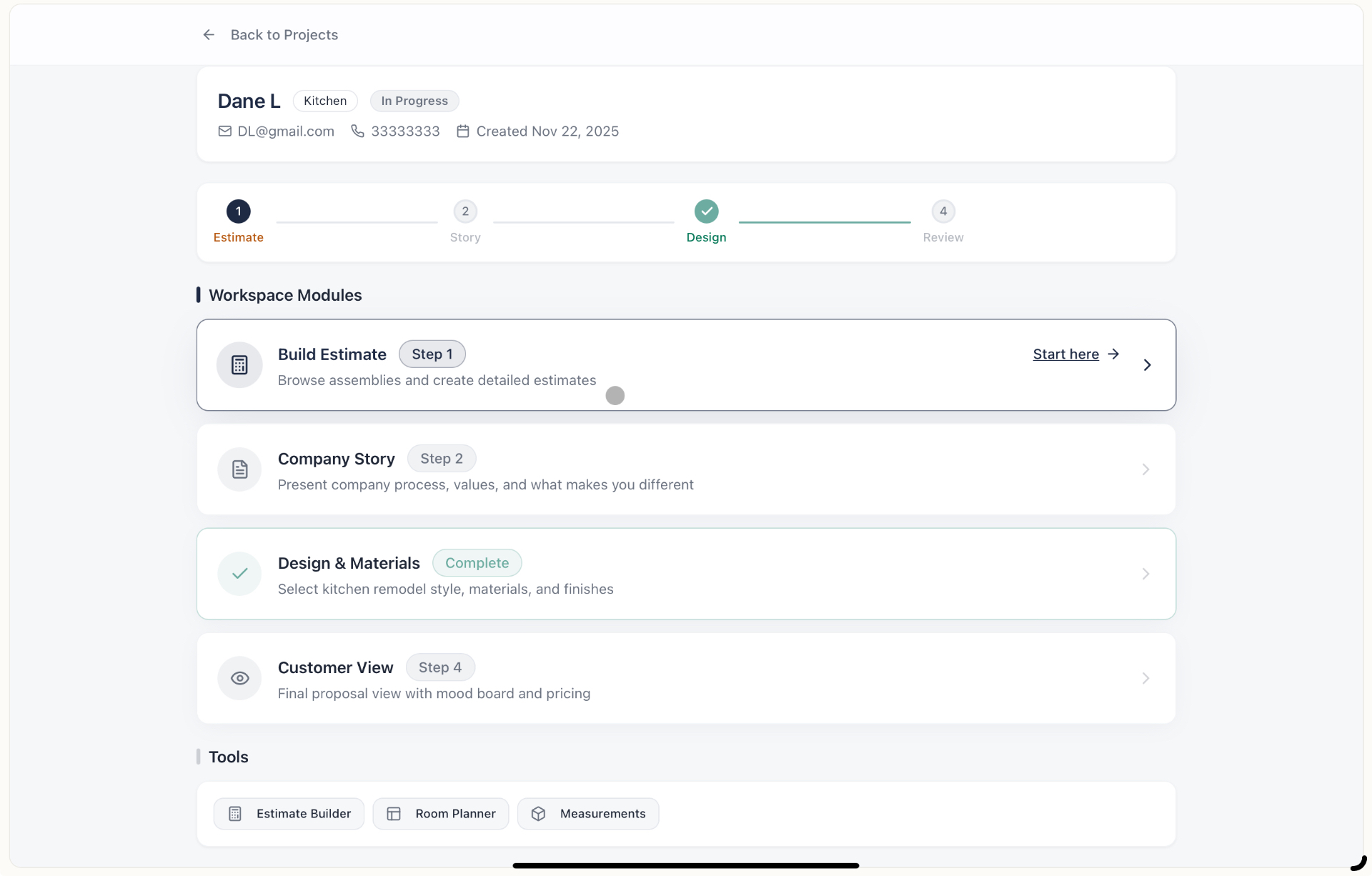 Absolute Built estimate workflow showing modules for Workspace, Sales, and Tools