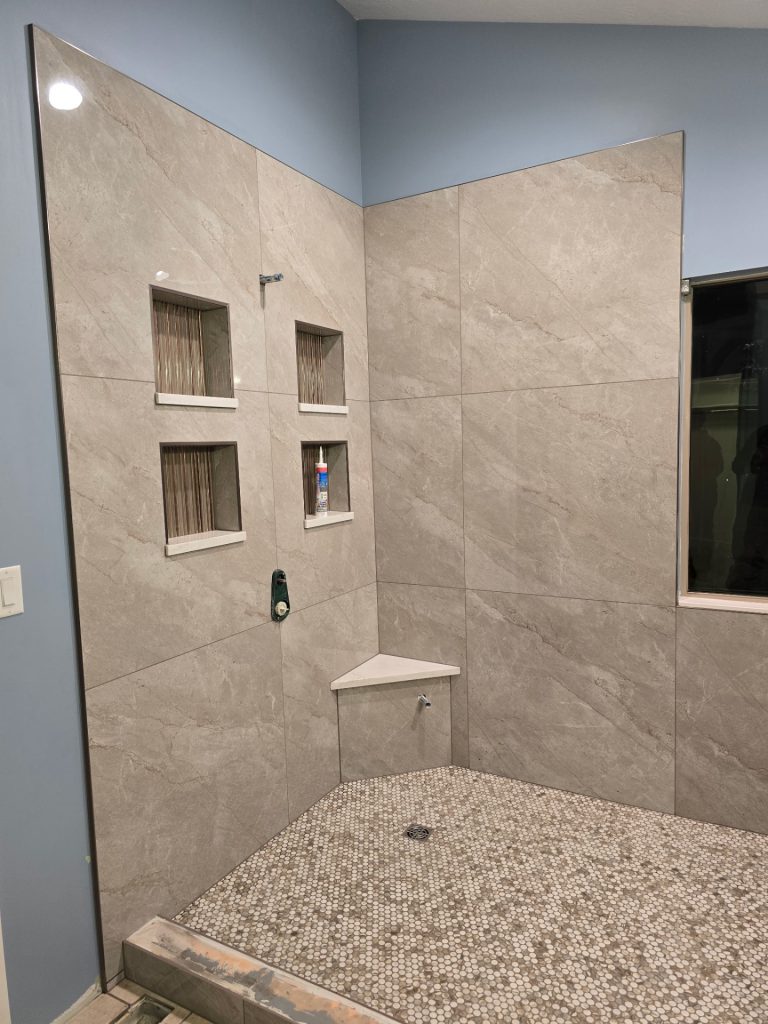 Gray Tile Walk-In Shower with Bench photo 2