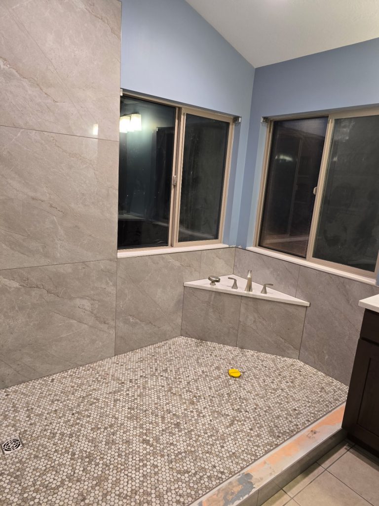 Gray Tile Walk-In Shower with Bench photo 3