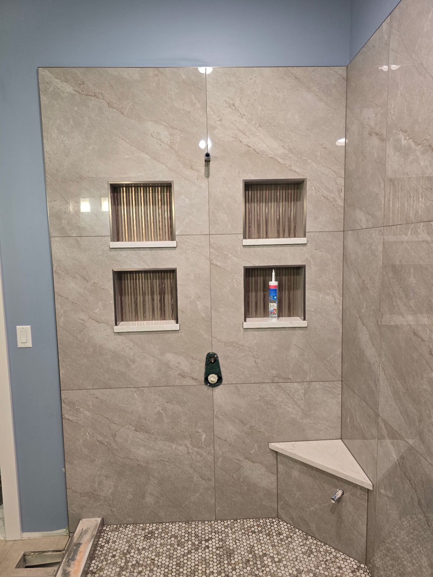 Gray Tile Walk-In Shower with Bench