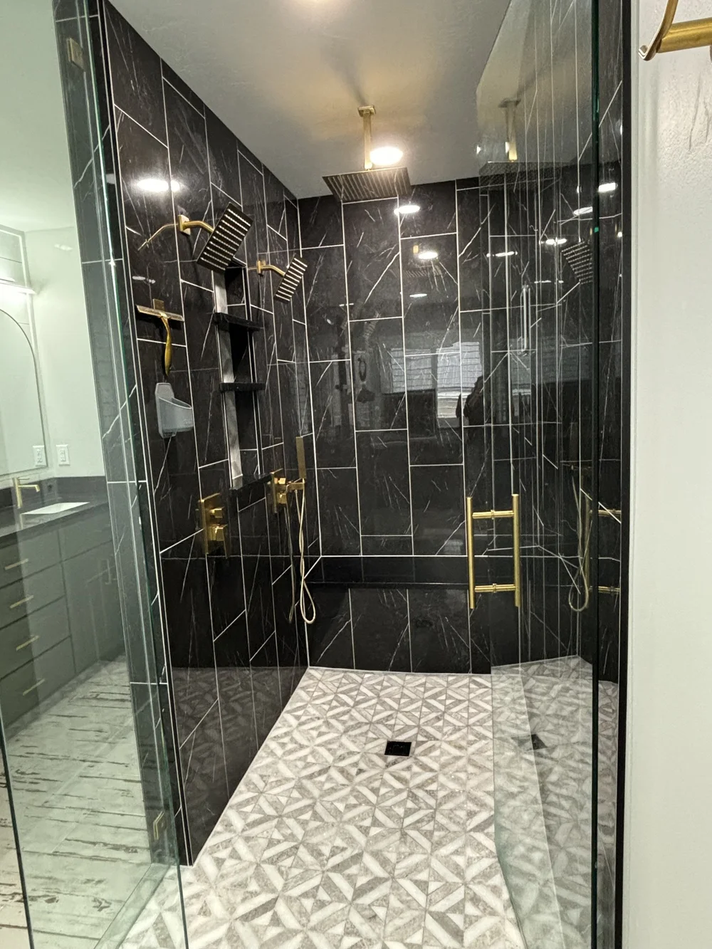 Black Marble & Brass Luxury Walk-In Shower