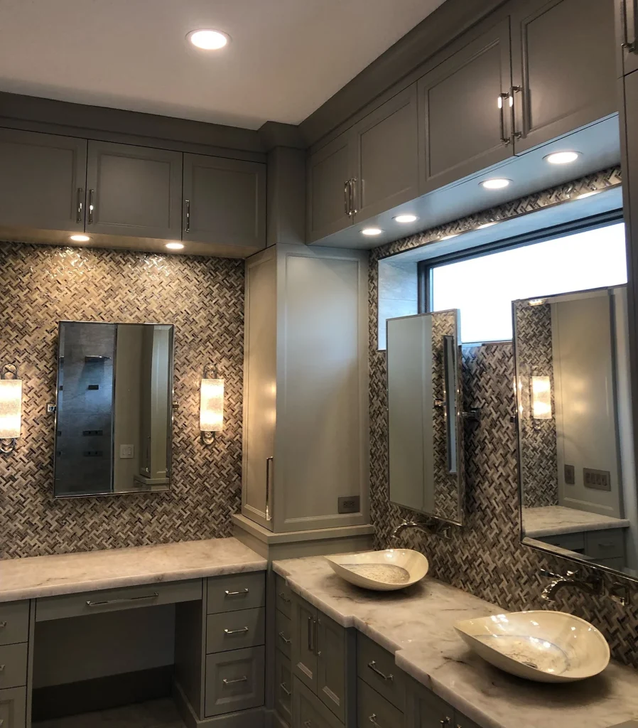 Gray Basketweave Master Bath with Marble Vanity photo 3