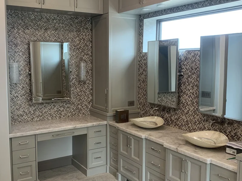 Gray Basketweave Master Bath with Marble Vanity