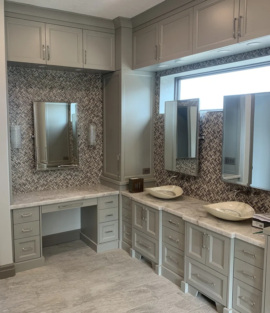 Gray Basketweave Master Bath with Marble Vanity photo 1