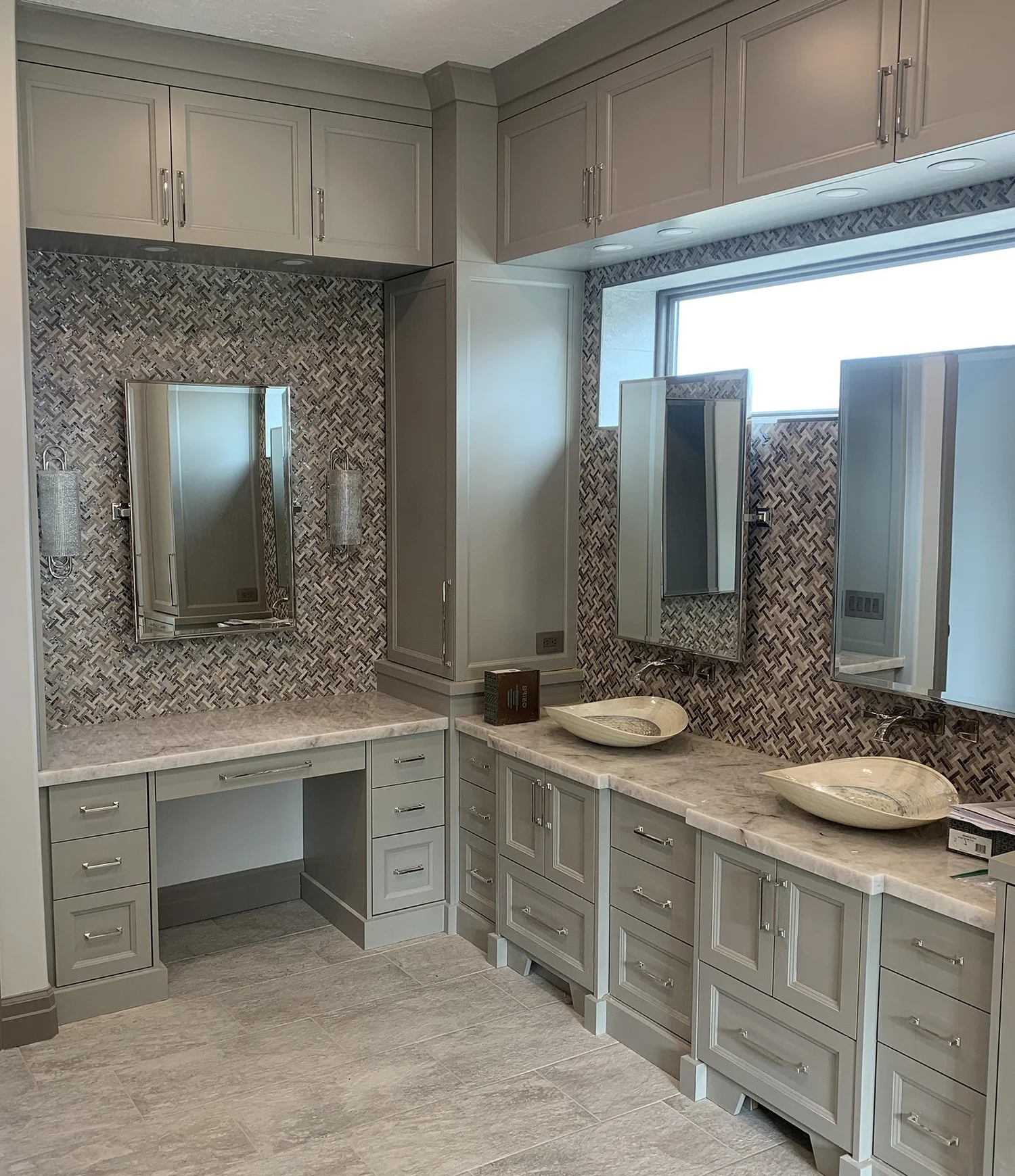 Gray Basketweave Master Bath with Marble Vanity