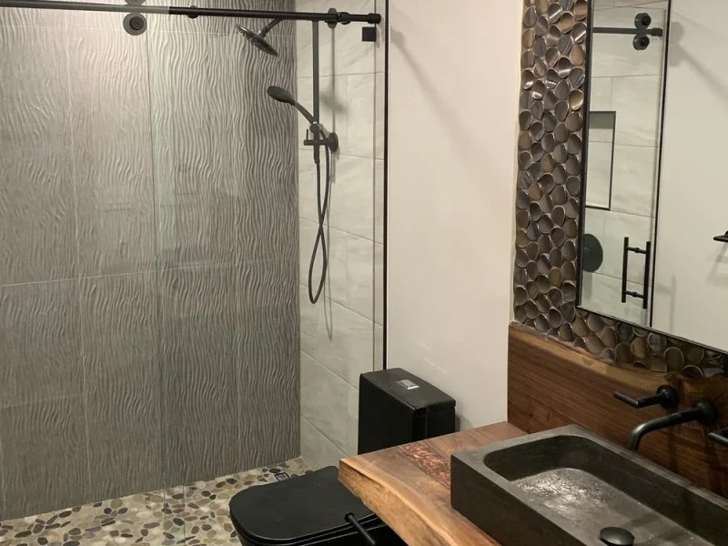Industrial Live-Edge Bath with Penny Mosaic