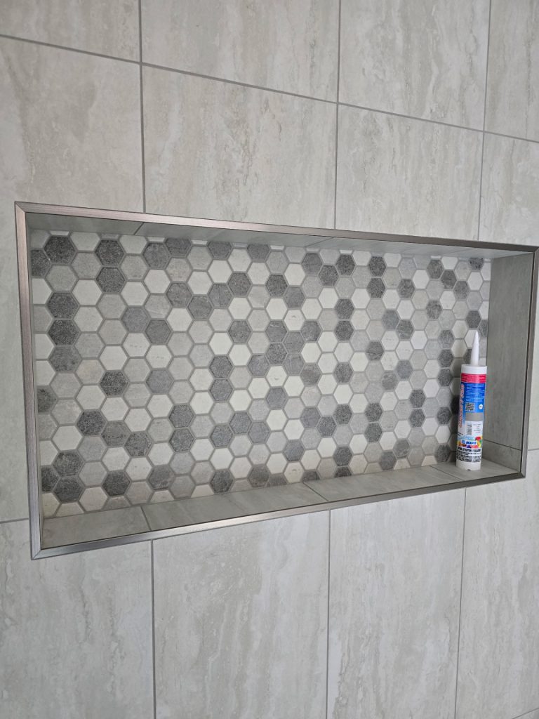 Gray Stone-Look Walk-In Shower with Hex Mosaic photo 3